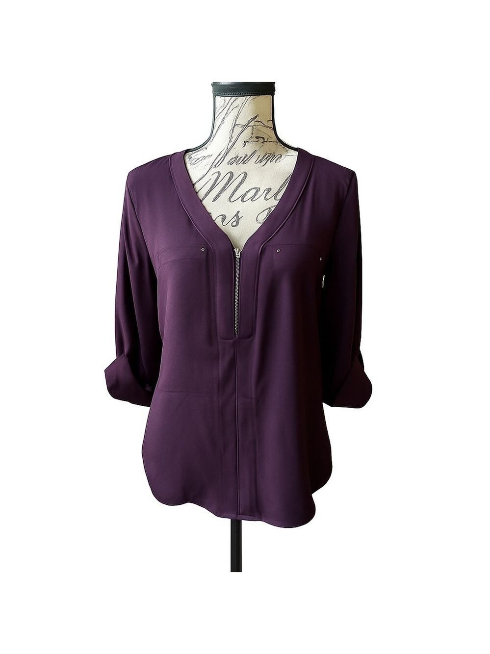 FORTUNE + IVY🍇 Women’s Zip-Front V-Neck Blouse 👠💜 Size S – Style #1733M6D - Picture 2 of 9